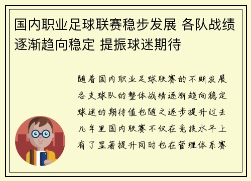 国内职业足球联赛稳步发展 各队战绩逐渐趋向稳定 提振球迷期待