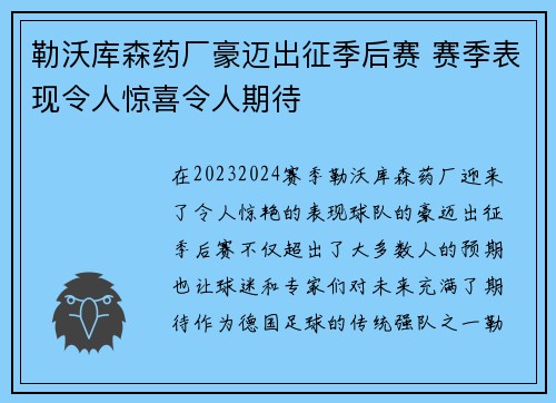 勒沃库森药厂豪迈出征季后赛 赛季表现令人惊喜令人期待
