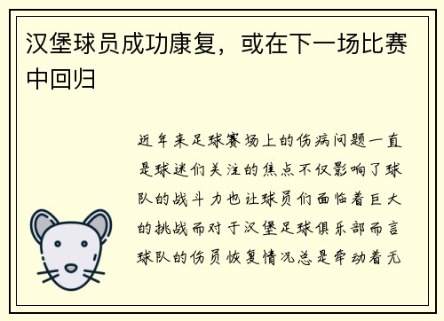汉堡球员成功康复，或在下一场比赛中回归