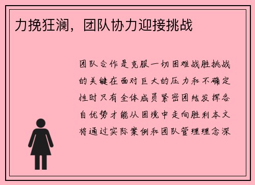 力挽狂澜，团队协力迎接挑战