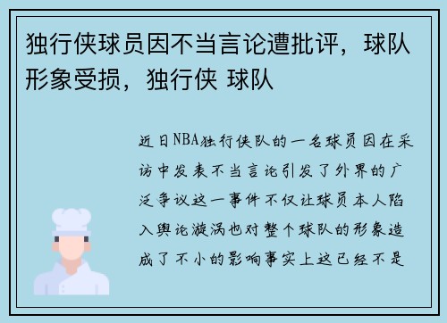 独行侠球员因不当言论遭批评，球队形象受损，独行侠 球队