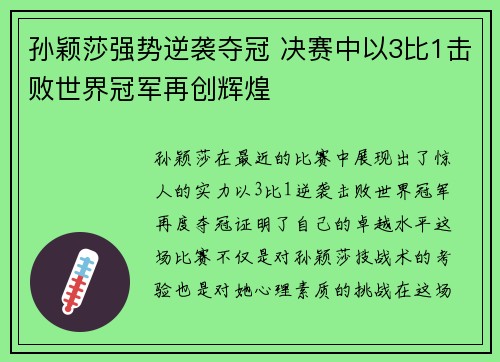 孙颖莎强势逆袭夺冠 决赛中以3比1击败世界冠军再创辉煌