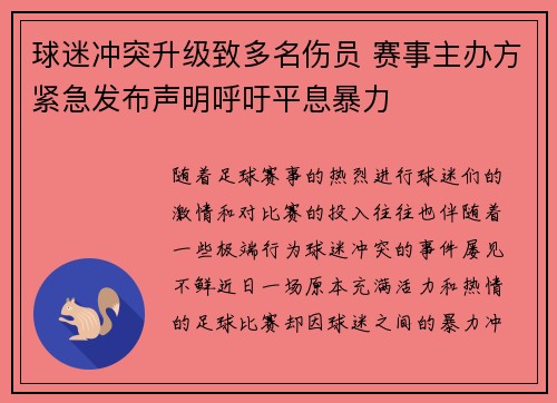 球迷冲突升级致多名伤员 赛事主办方紧急发布声明呼吁平息暴力